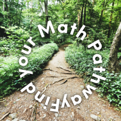 Dirt Path with Green forest. Circle made of words find your math pathway